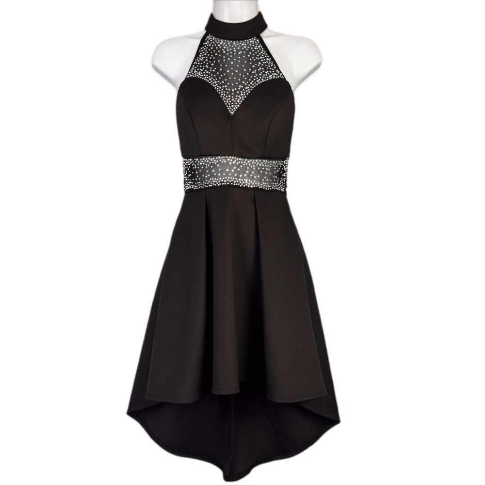 B. Darlin High Low Dress Women JR 3/4 Black Rhinestone Mock Neck Gothic Princess